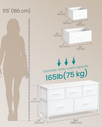 SONGMICS Dresser - 5-Drawer Storage Organizer Unit in Cloud White & Snow White | Durable Steel & MDF Design