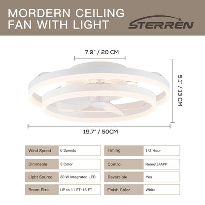 STERREN 20" Modern Ceiling Fans with Lights, Dimmable Low Profile Ceiling Fan with Remote & APP Control, Bladeless Flush Mount Ceiling Fan for Bedroom Living Room - White