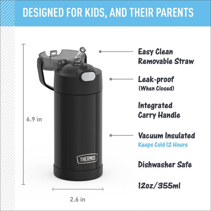 THERMOS FUNTAINER Water Bottle - 12 Ounce Kids Stainless Steel Vacuum Insulated with Straw - Black