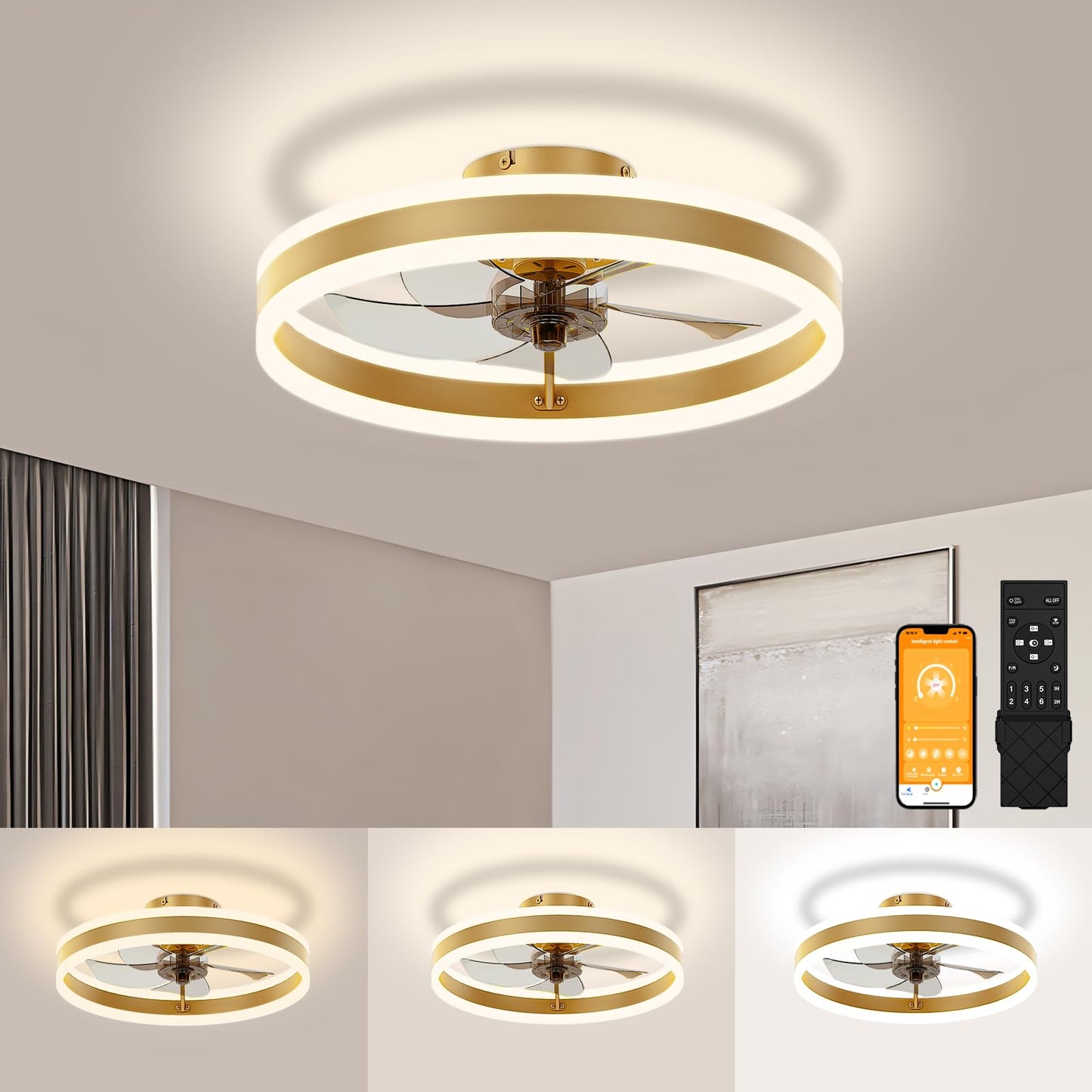 VOLISUN Fandelier Ceiling Fans with Lights and Remote, 15.7in Low Profile Ceiling Fan Flush Mount, 3000K-6500K Dimmable Bladeless Ceiling Fan with Light, Gold Ceiling Fans with Lights for Bedroom