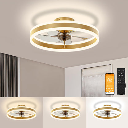 VOLISUN Fandelier Ceiling Fans with Lights and Remote, 15.7in Low Profile Ceiling Fan Flush Mount, 3000K-6500K Dimmable Bladeless Ceiling Fan with Light, Gold Ceiling Fans with Lights for Bedroom