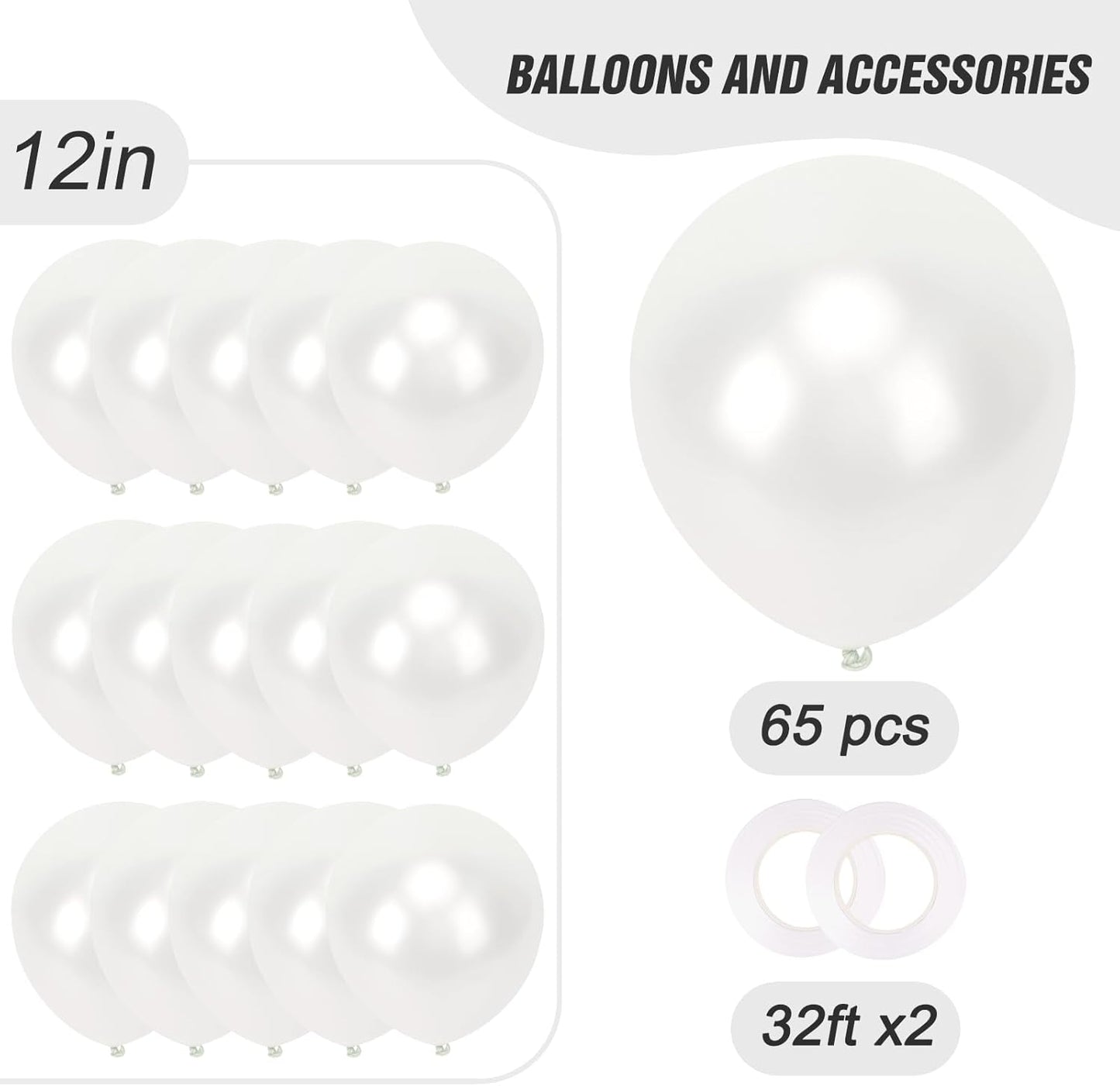 RUBFAC 12-Inch Pearl White Balloons - 65pcs with Ribbons for Weddings, Anniversaries & Baby Showers