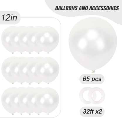 RUBFAC 12-Inch Pearl White Balloons - 65pcs with Ribbons for Weddings, Anniversaries & Baby Showers