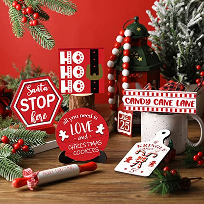 Christmas Tiered Tray Decor Set - Wooden Holiday Tabletop Signs, 7 Pieces