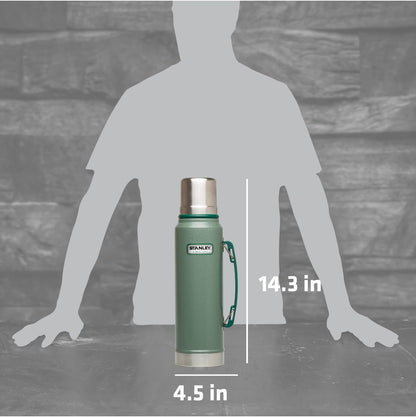 Stanley Heritage Classic Vacuum Bottle - 1.1 Qt Insulated Stainless Steel | Leakproof Cup Lid | Hammertone Green