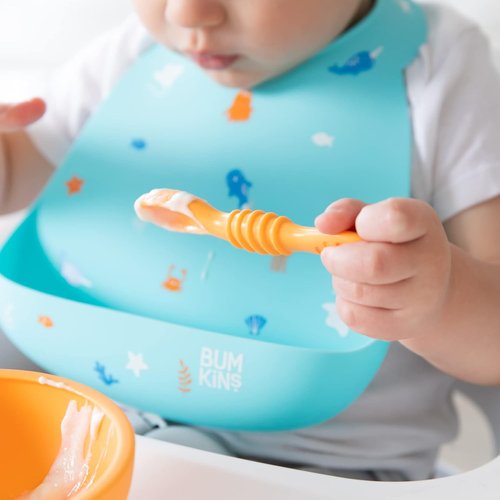 Bumkins Silicone Baby Utensil Set - Soft Tip Trainer Spoons for Self-Feeding | 3-Pack in Red & Yellow