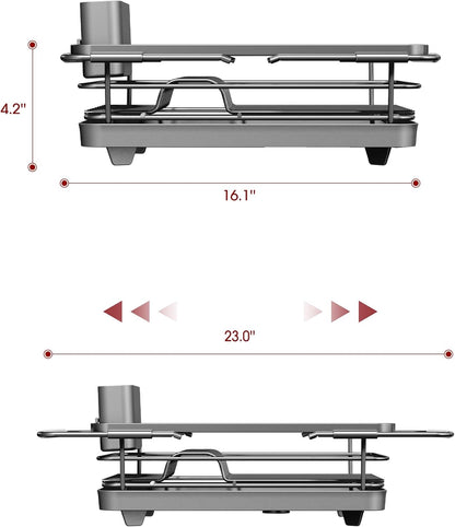 Skiennix Extendable Dish Drying Rack - Over Sink Storage with Utensil Holder | 12" W x 16.1-23" L, Silver