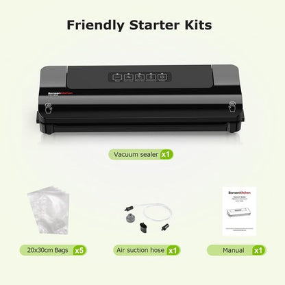Bonsenkitchen Vacuum Sealer - Multi-Functional Food Preservation System with 5 Bags & Compact Design - Black