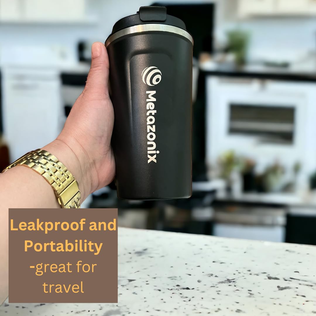 Metazonix - Travel Coffee Mug -17oz Stainless Steel Coffee Mug - Coffee Travel Mug Spill Proof Leak Proof - Insulated Coffee Mug With Lid - Travel Coffee Tumbler (Black)