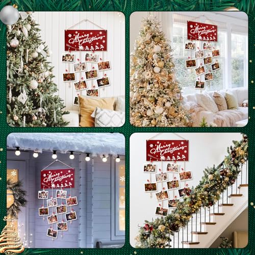 Christmas Card Holder Wall Decor with Snowflake Clips - Red Wooden Merry Christmas Display