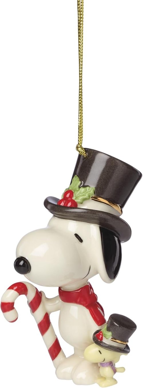 Lenox Snoopy & Woodstock Ornament - Porcelain Candy Cane Design with Gold Cord | Christmas Decor