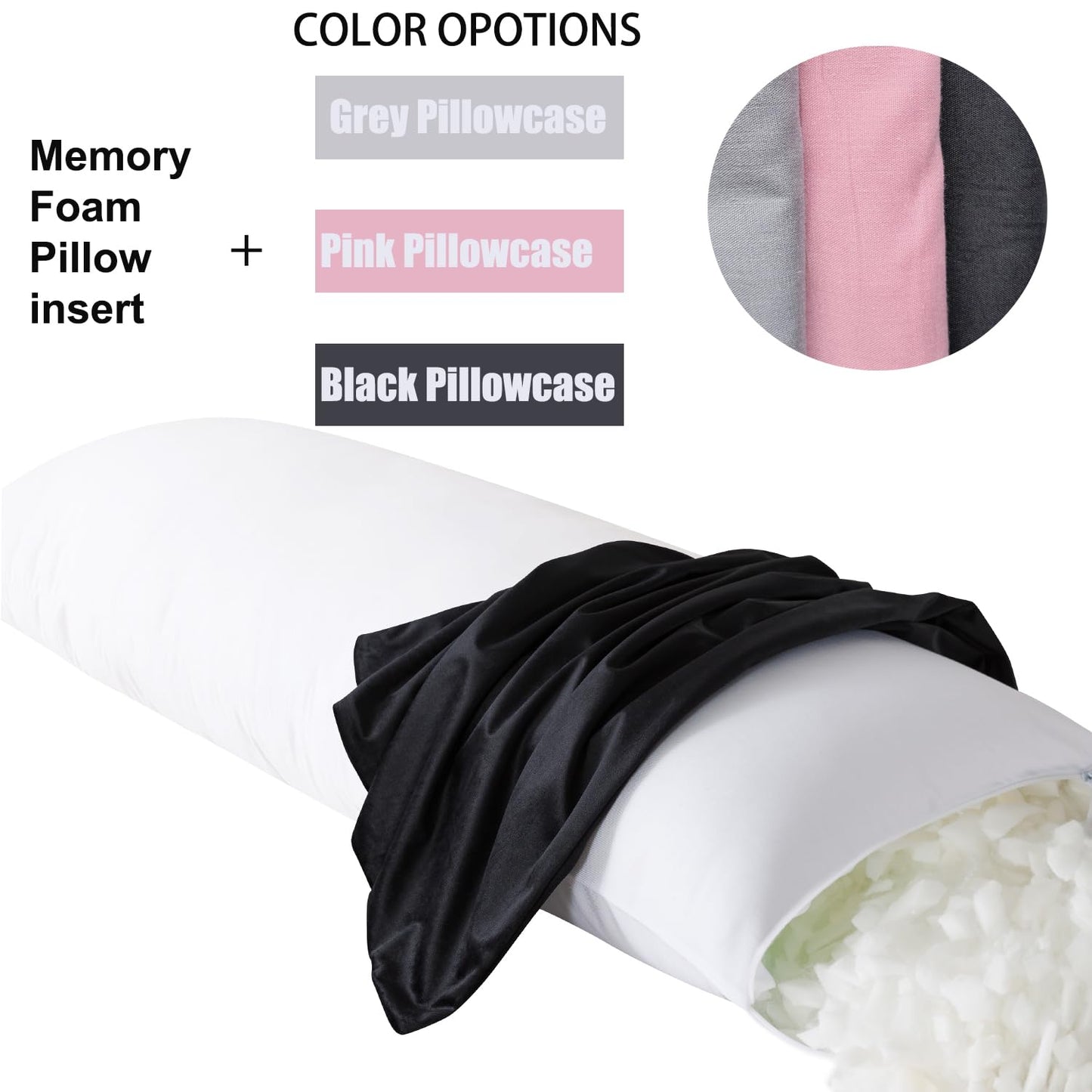 cretopwin Black Body Pillow for Adults Shredded Memory Foam Long Pillow for Sleeping Firm Hug Pillows Removable Cover for Side and Back Sleepers Full Pillow with Black Pillowcase