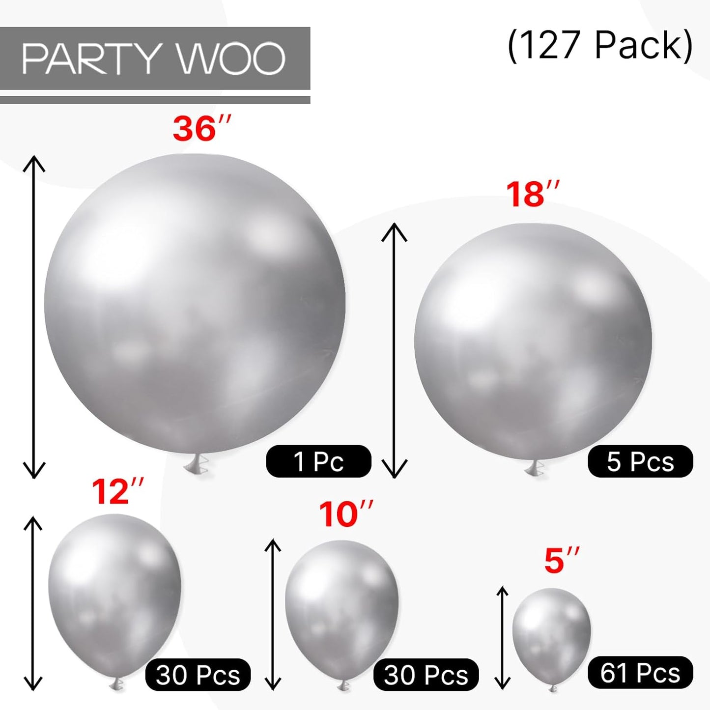 PartyWoo Metallic Silver Balloons - 127-Piece Pack in Various Sizes for Birthday & Graduation Decor