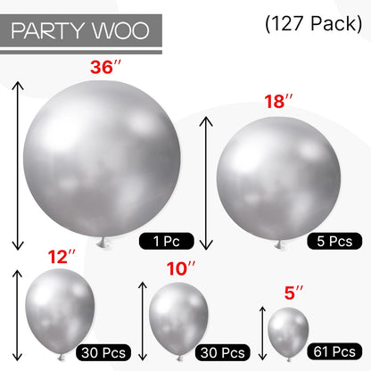 PartyWoo Metallic Silver Balloons - 127-Piece Pack in Various Sizes for Birthday & Graduation Decor