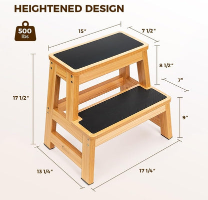 StrongTek Wood Step Stool - 17" Tall Two-Step Design for Adults & Kids | Heavy-Duty 500 lbs Capacity