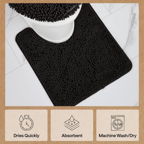 GORILLA GRIP Plush Absorbent Shaggy Chenille Bath Rug Mat for Square Toilet Base with Rubber Backing, Machine Washable Rugs, Soft Microfiber Contour Mats for Toilets, Bathroom Decor, Black