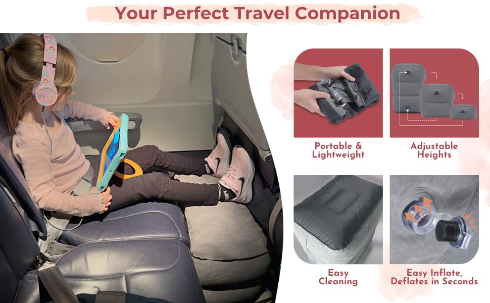 Inflatable Airplane Footrest Pillow | Inflatable Kids Travel Bed | Adjustable Height Inflatable Foot Rest for Air Travel, Train, Car, Home or Office | Airplane Bed for Toddler | Kids Travel Essentials