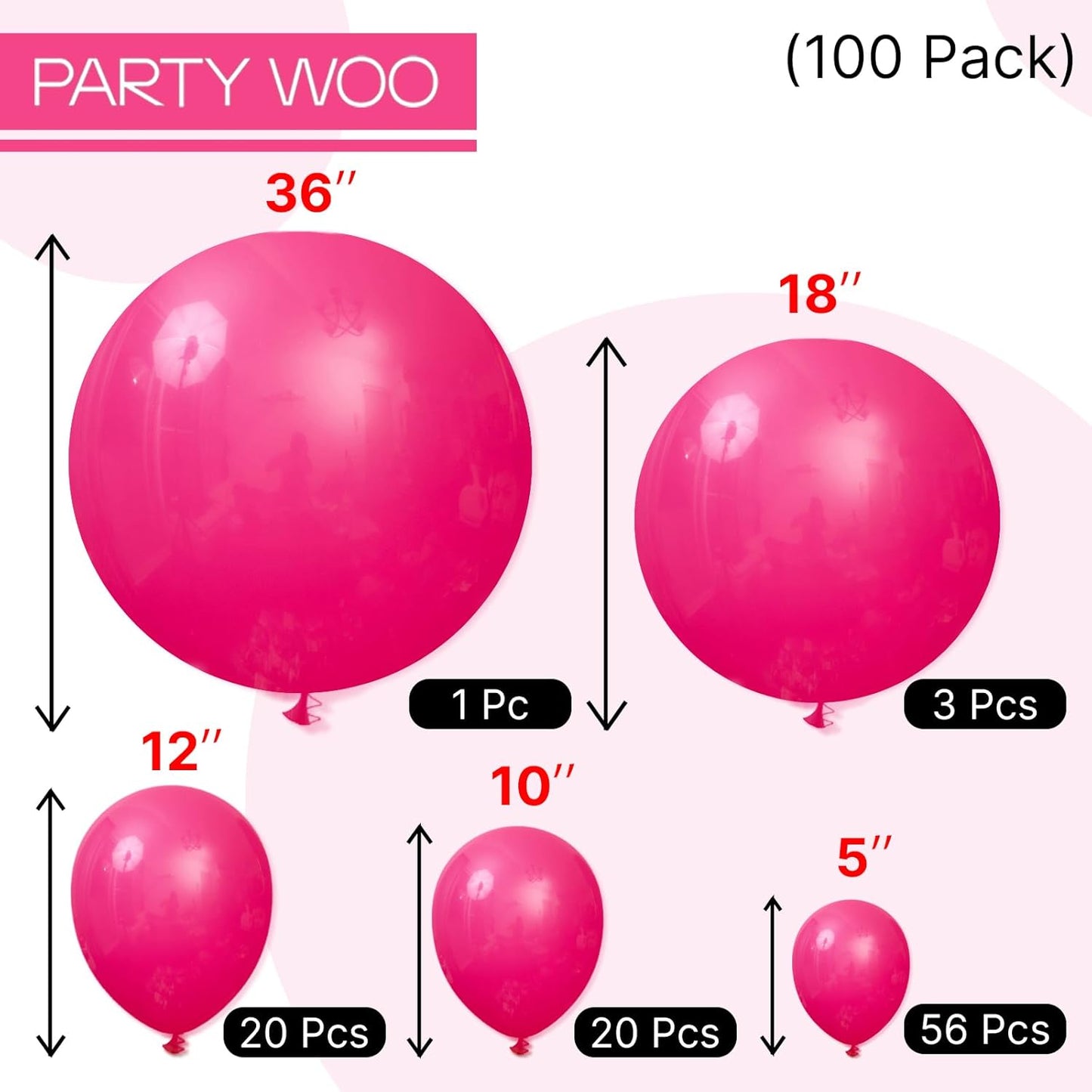 PartyWoo Hot Pink Balloons - 100 Pcs Balloon Arch Kit | Various Sizes for Valentine's Day & Birthday Decor