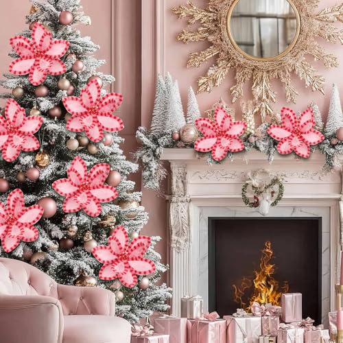 Pink Poinsettia Stem Set with Clips - 6 Pieces for Christmas Tree Decor - Pink Dot