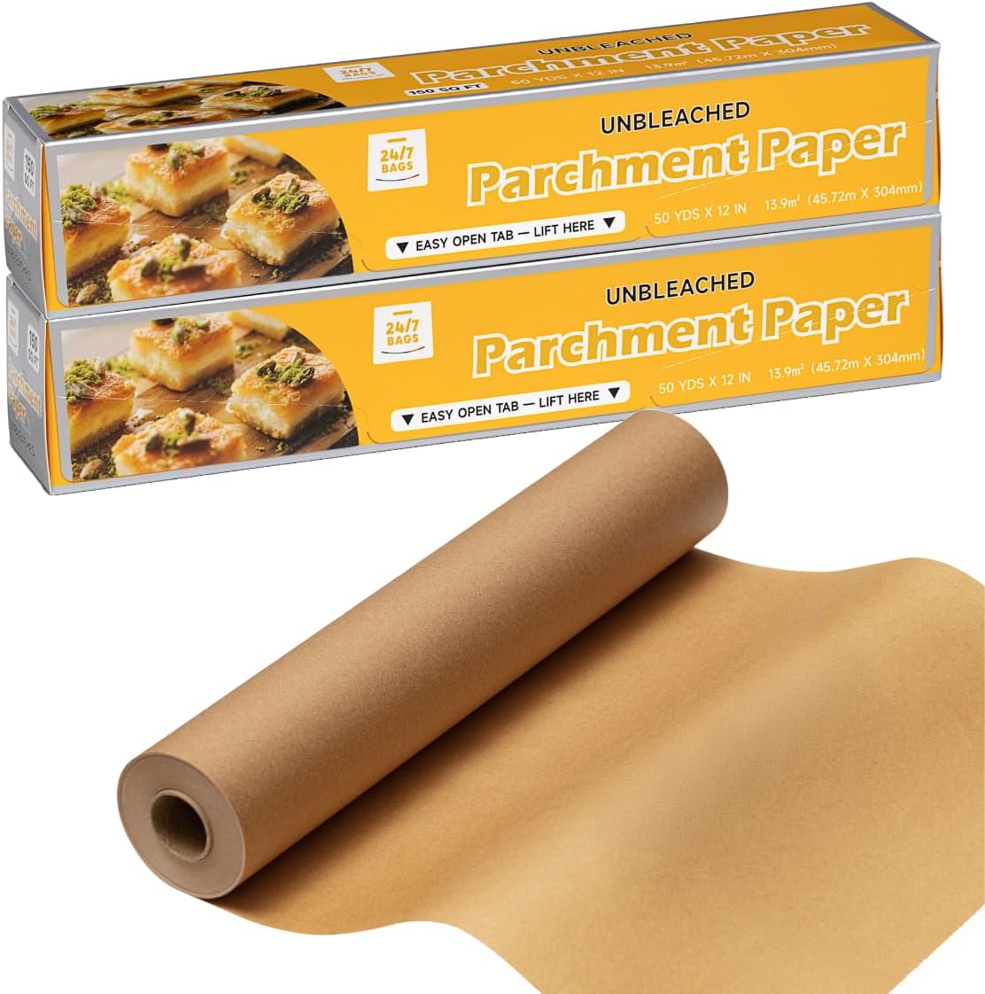 24/7 Bags Parchment Paper Roll - Non-Stick, Food Safe, 300 Sq Ft, 12" Wide | Ideal for Baking & Air Frying