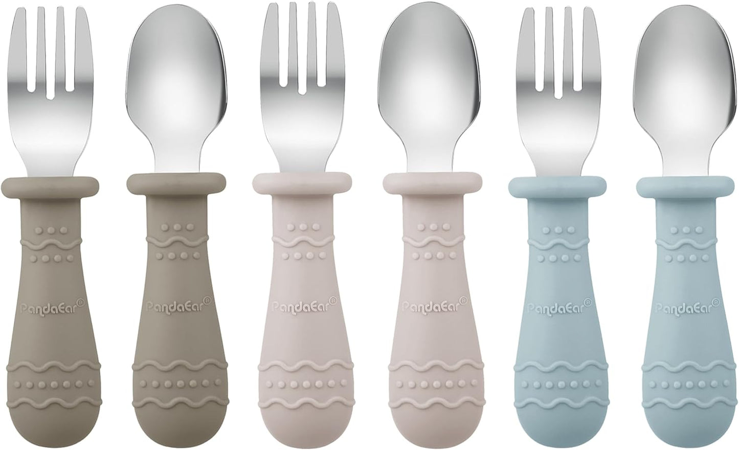 PandaEar Kids Utensils Set - 6 Pack Stainless Steel & Silicone Spoons and Forks | Dishwasher Safe (Light Tan/Walnut/Blue)