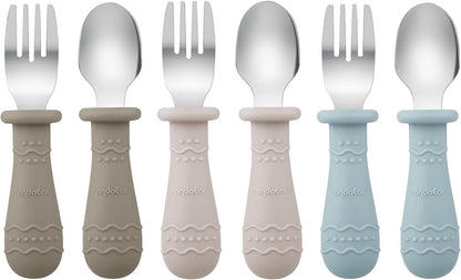 PandaEar Kids Utensils Set - 6 Pack Stainless Steel & Silicone Spoons and Forks | Dishwasher Safe (Light Tan/Walnut/Blue)