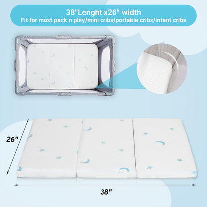 PanKers Portable Trifold Pack and Play Mattress 38"x26", Foldable Travel Crib Mattress, Dual Sided Memory Foam Pack n Play Mattresses Pad with Carrying Bag Removable Cover