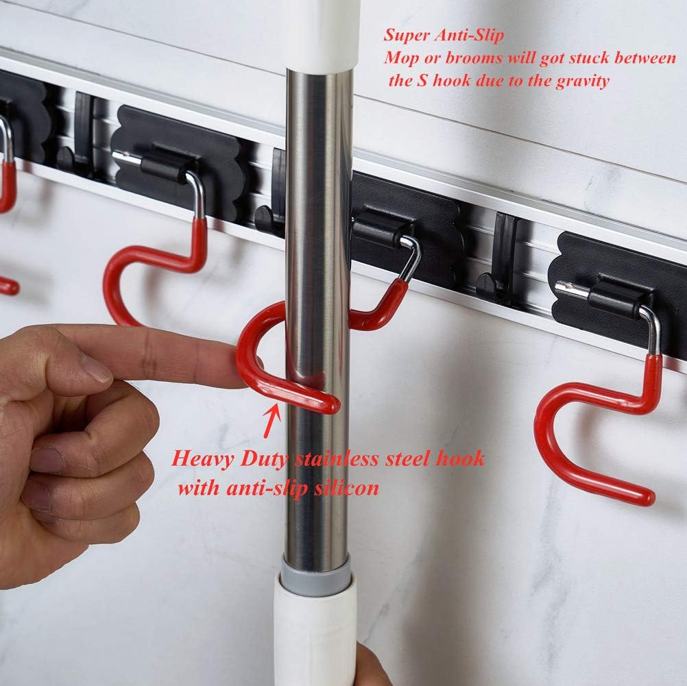 Skiennix Wall Mounted Mop and Broom Holder - Stainless Steel S-Type Organizer | 17 Inches, 4 Positions, 3 Hooks, Red & Black