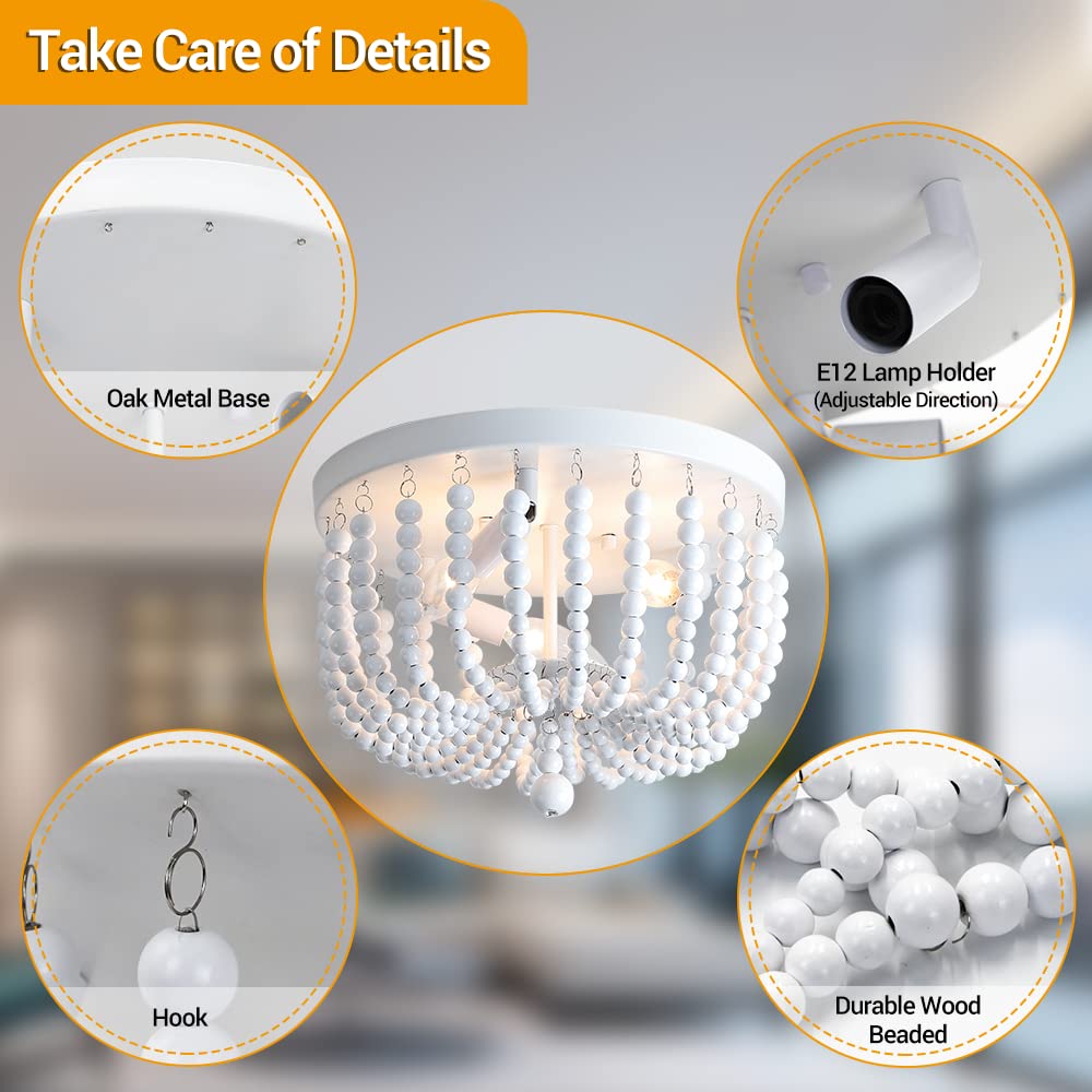 SUNOVO Beaded Chandelier Light Fixture, Boho Light Fixtures Ceiling White, Wood Bead Flush Mount Ceiling Light, 3-Lights Bead Ceiling Lights for Bedroom, Dining Room, Hallway, Nursery Lighting
