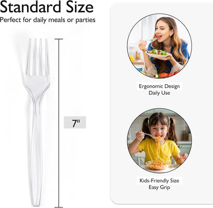 Regine Switzerland Clear Heavy Duty Plastic Forks - Elegant Disposable Cutlery Set | 300 Count