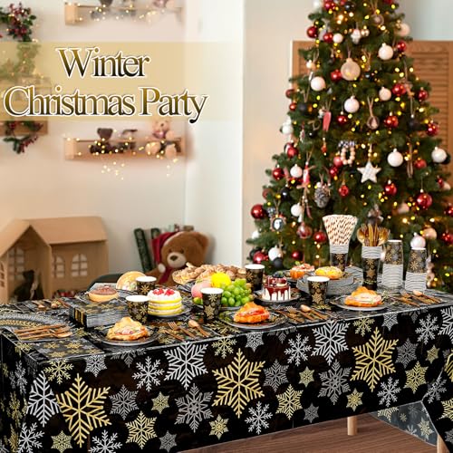 Funnymoom Black Gold Silver Snowflake Christmas Party Supplies - 452 Pcs, Snowflake Theme