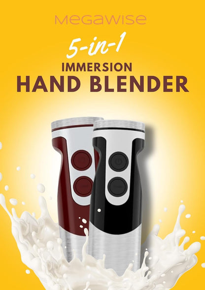 MegaWise Pro 5-in-1 Immersion Hand Blender - 400W Power, 12-Speed, Includes Chopper & Whisk | Black