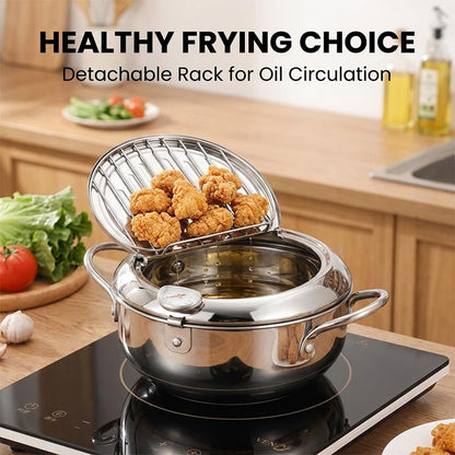 11-Inch Stainless Steel Deep Fryer Pot with Thermometer & Splash Lid - ROVIA