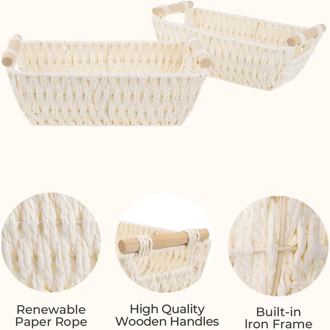 StorageWorks Round Woven Paper Rope Basket - Stylish Beige Baskets with Wooden Handles | 2-Pack