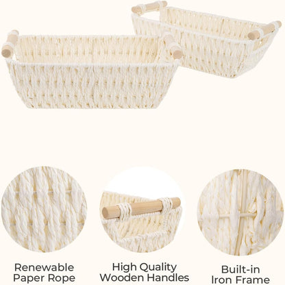 StorageWorks Round Woven Paper Rope Basket - Stylish Beige Baskets with Wooden Handles | 2-Pack