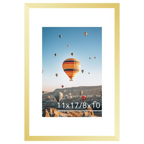 JCJMY 11x17 Picture Frame Gold with 8x10 Mat, Display Photo 8x10 with Mat or 11 x 17 Without Mat, Wall Hanging Large 11x17 Poster Frame with Shatter Resistant Plexiglass, Gold