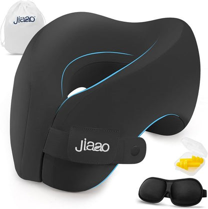 Jiaao Travel Pillow - Memory Foam Neck Support for Airplanes | Includes Eye Mask, Earplugs & Storage Bag