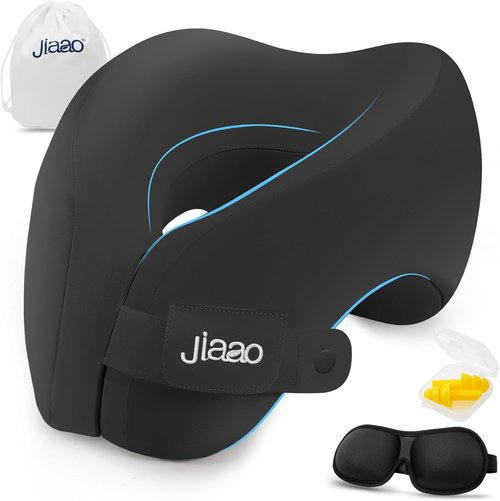 Jiaao Travel Pillow - Memory Foam Neck Support for Airplanes | Includes Eye Mask, Earplugs & Storage Bag