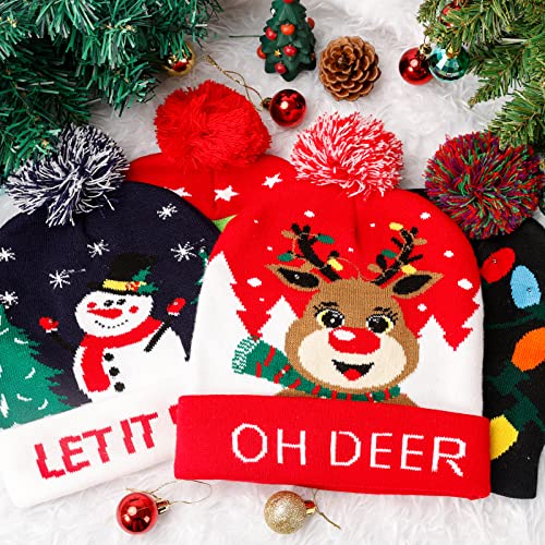 4 Pack Christmas LED Beanie Hat with Colorful Flashing Lights - Holiday Xmas Party Wear