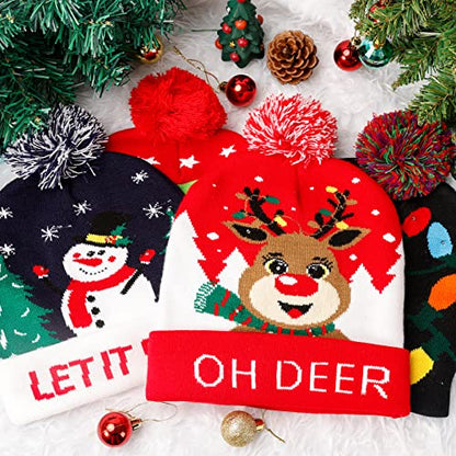 4 Pack Christmas LED Beanie Hat with Colorful Flashing Lights - Holiday Xmas Party Wear