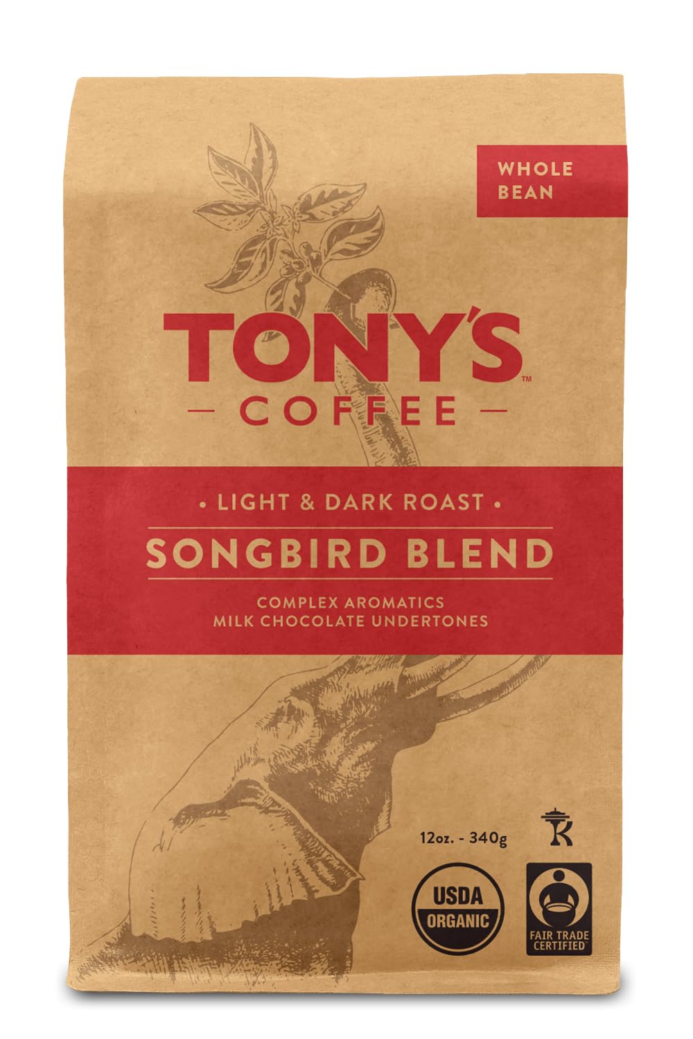 Tony's Coffee, Songbird Blend (12oz), Dark & Light Roast Blend Whole Bean Coffee, Organic and Fair Trade