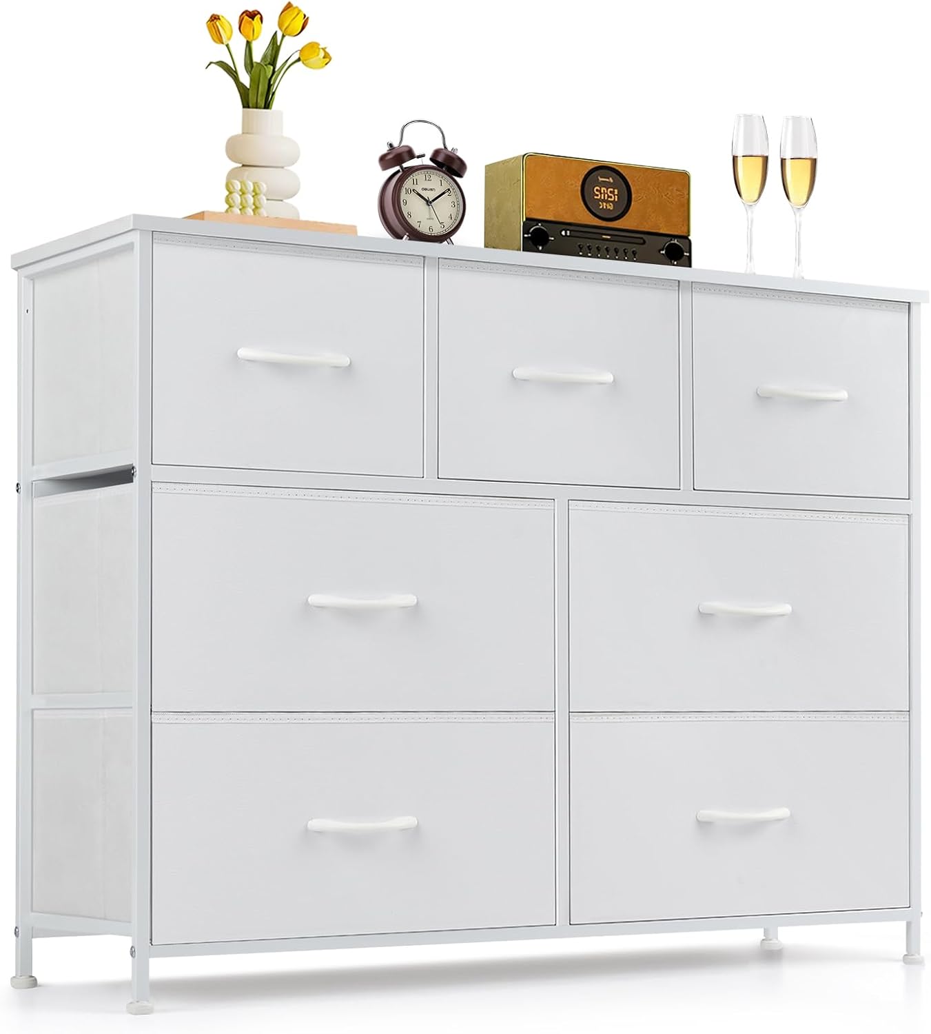 Skiennix 7-Drawer Dresser - Anti-Tip Fabric Storage Organizer with Wooden Top | White Finish for Bedroom & Living Room