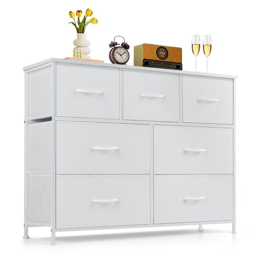 7-Drawer Dresser for Bedroom, Anti-Tip Wide Storage Organizer Fabric Chest of Drawers TV Stand for 45" TV with Wooden Top and Metal Frame for Closet, Living Room, Hallway, Entryway, White