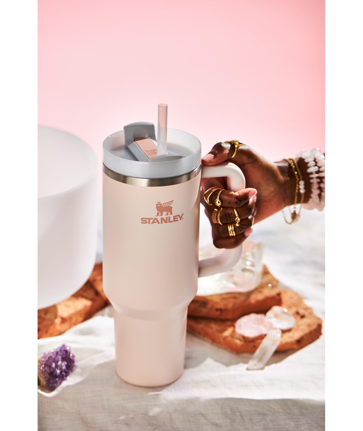 STANLEY Quencher H2.0 Tumbler with Handle and Straw 40 oz Flowstate 3-Position Lid Cup Holder Compatible for Travel Insulated Stainless Steel Cup BPA-Free Rose Quartz 2.0