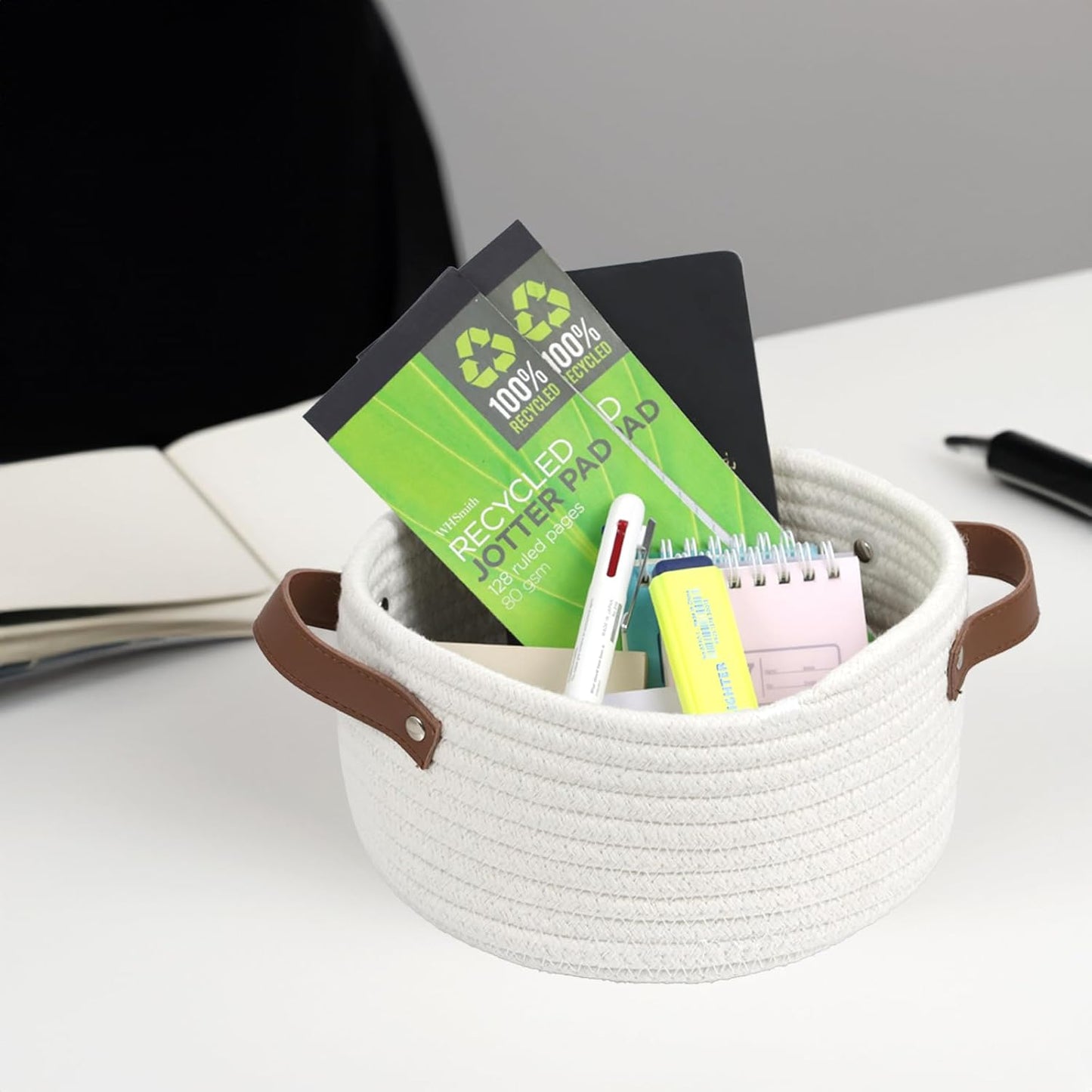 Skiennix Small Woven Basket - Cute Mini Cotton Rope Storage Bin with Leather Handle | Boho Nursery Organizer