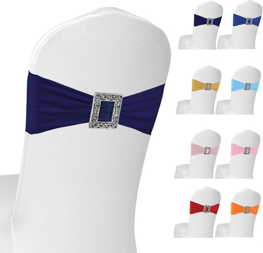 Skiennix 100 Pack Spandex Stretch Chair Sashes - Elastic Covers with Buckle Slider for Weddings & Events | Navy Blue
