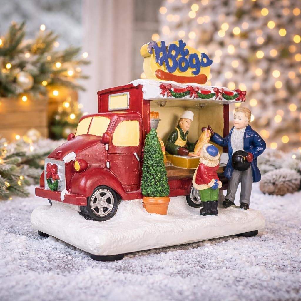 Moments In Time Hot Dog Food Truck | LED Lighted Christmas Village Decor | 3.74” Handcrafted Polyresin