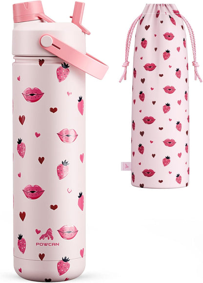 POWCAN Insulated Water Bottle - 26 oz with 2-in-1 Straw & Spout Lid | Keeps Drinks Cold 24H, Leak-Proof, Fits Car Cup Holder - Kiss Me Berry