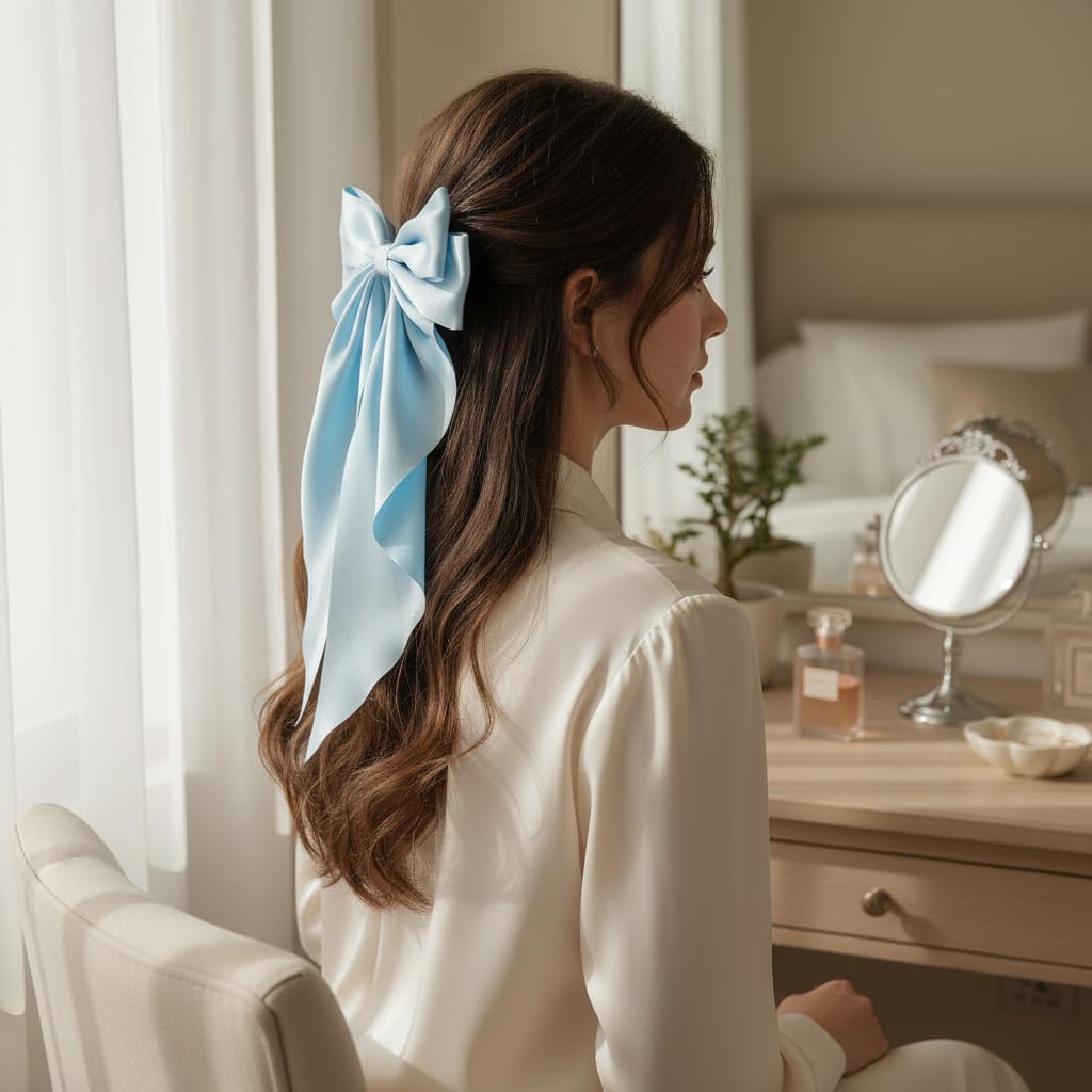 Skiennix Jumbo Silky Satin Bow Clip Hair Barrettes - Light Blue Large French Metal Bowknot for Girls