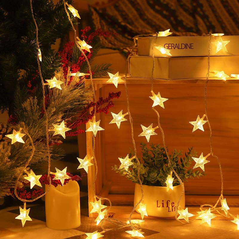 Star String Lights - 50 LED Twinkle Lights | 17 ft Battery Operated Fairy Lights for Kids' Bedroom & Wedding Decor, Warm White